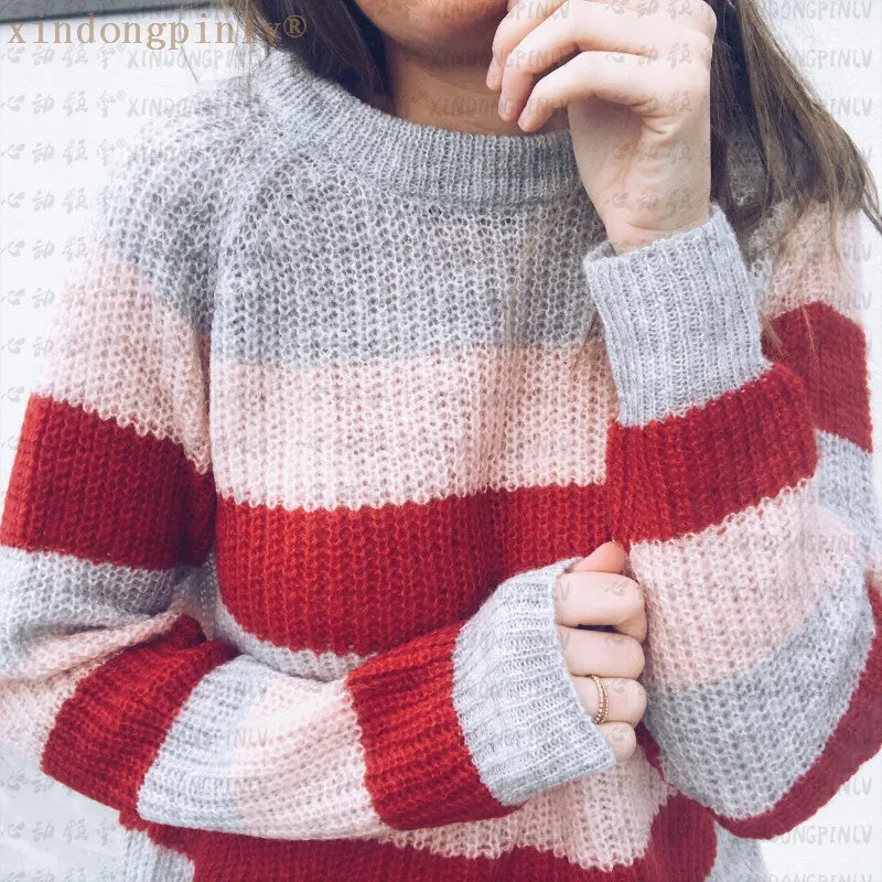 Stripes Color Patchwork Loose Scoop Women Pullover Sweater