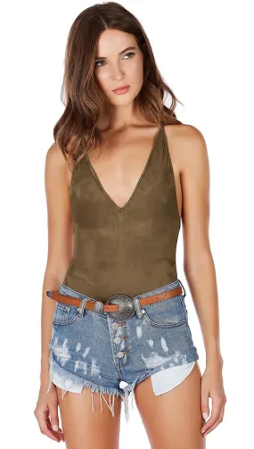 Suede Open Back Vegan Bodysuit Olive