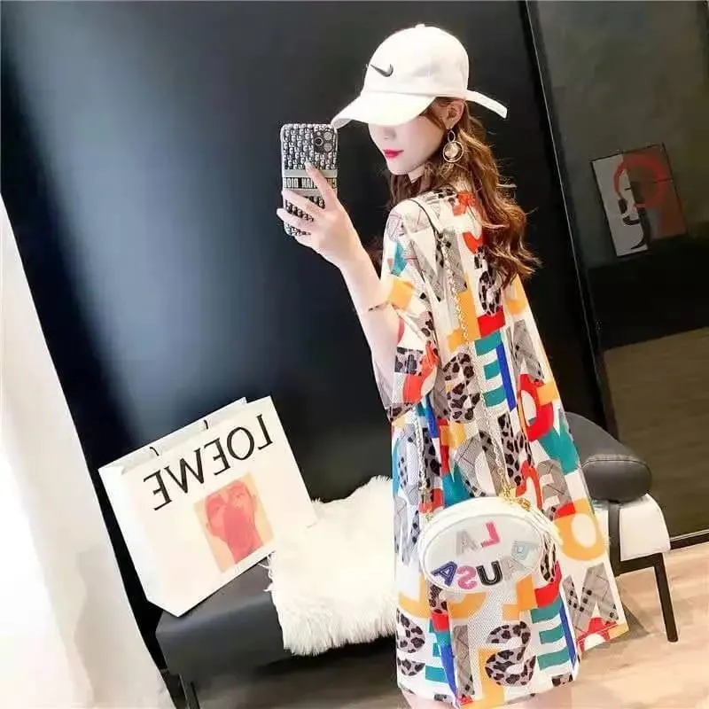 Summer Letter Print Mid Length Round Neck Short Sleeve Tops M 292356