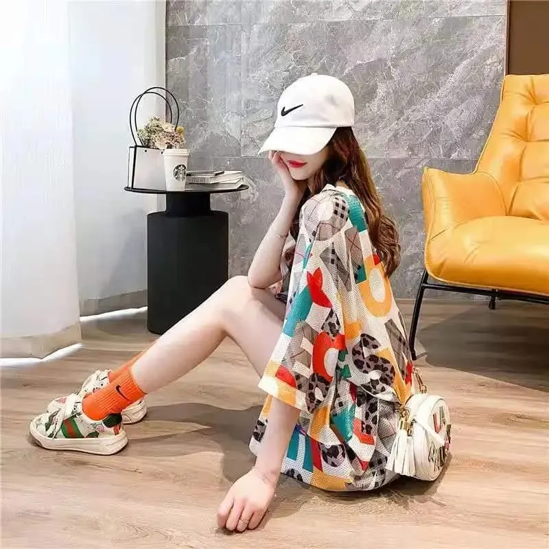 Summer Letter Print Mid Length Round Neck Short Sleeve Tops M 292356