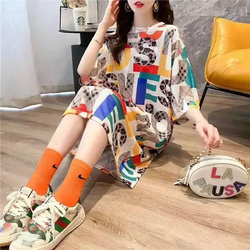 Summer Letter Print Mid Length Round Neck Short Sleeve Tops M 292356
