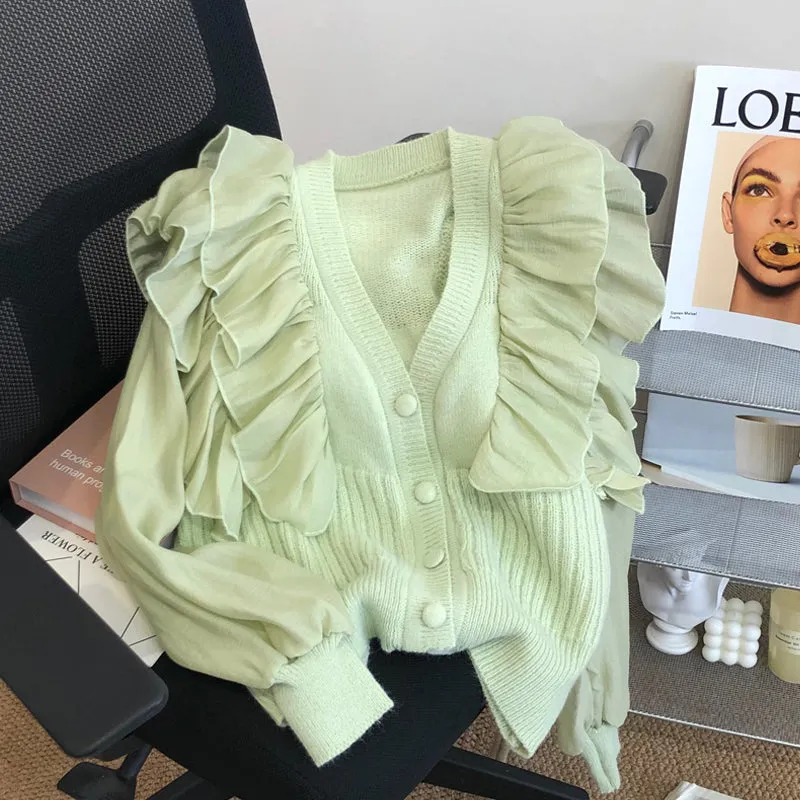 Sweet Ruffle-trimmed Patchwork Cardigan