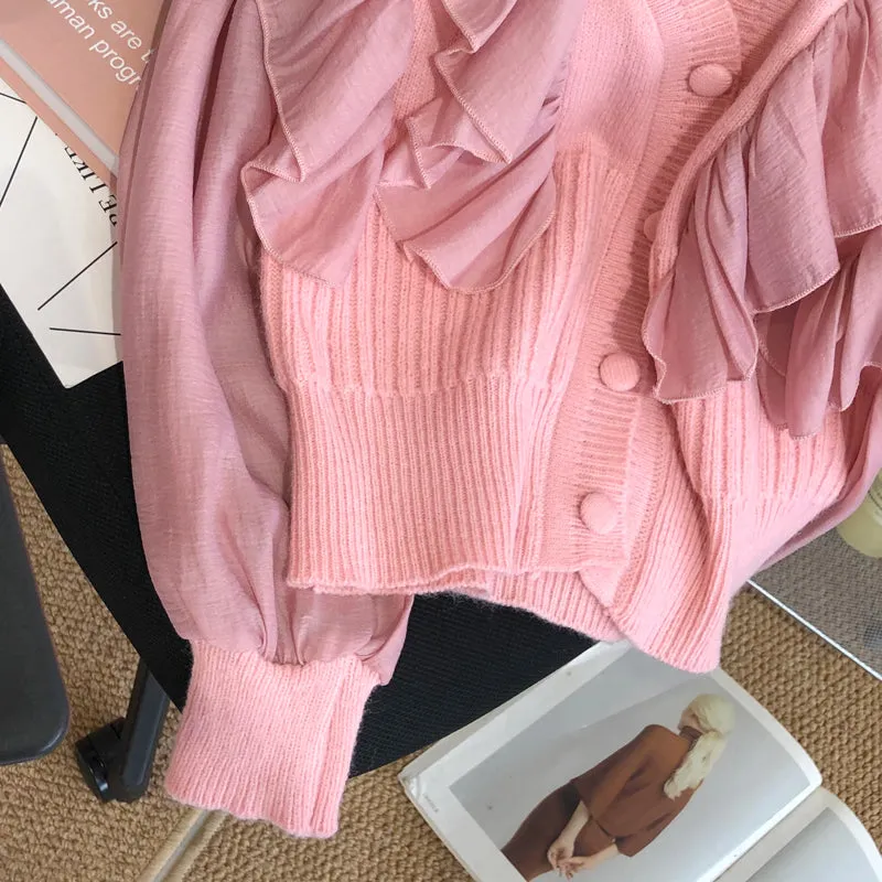 Sweet Ruffle-trimmed Patchwork Cardigan
