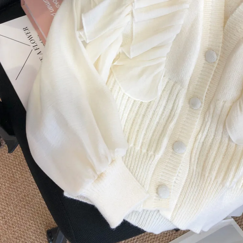 Sweet Ruffle-trimmed Patchwork Cardigan