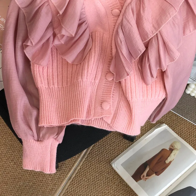 Sweet Ruffle-trimmed Patchwork Cardigan