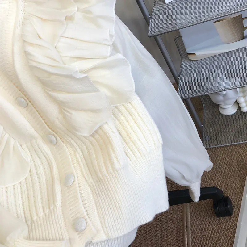 Sweet Ruffle-trimmed Patchwork Cardigan