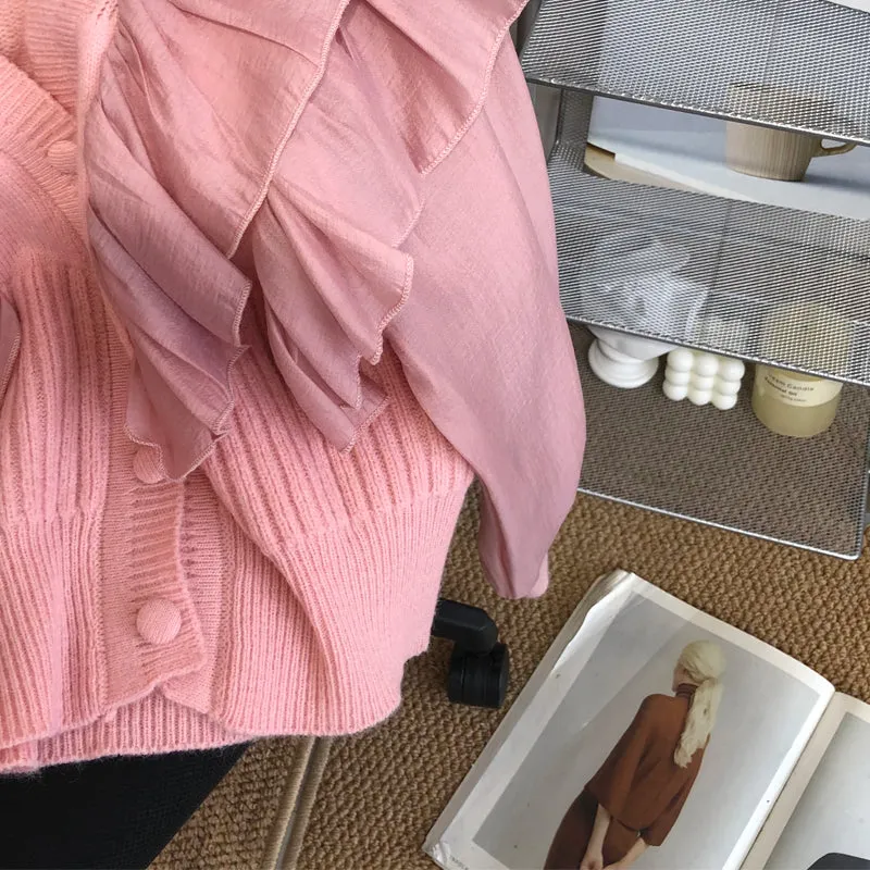 Sweet Ruffle-trimmed Patchwork Cardigan
