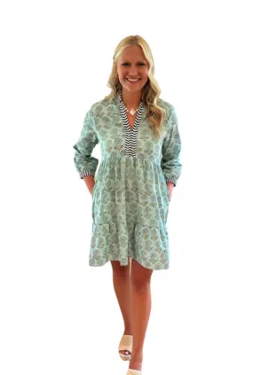The Naomi Hand Blocked Floral Embroidered Trim Dress in Aqua