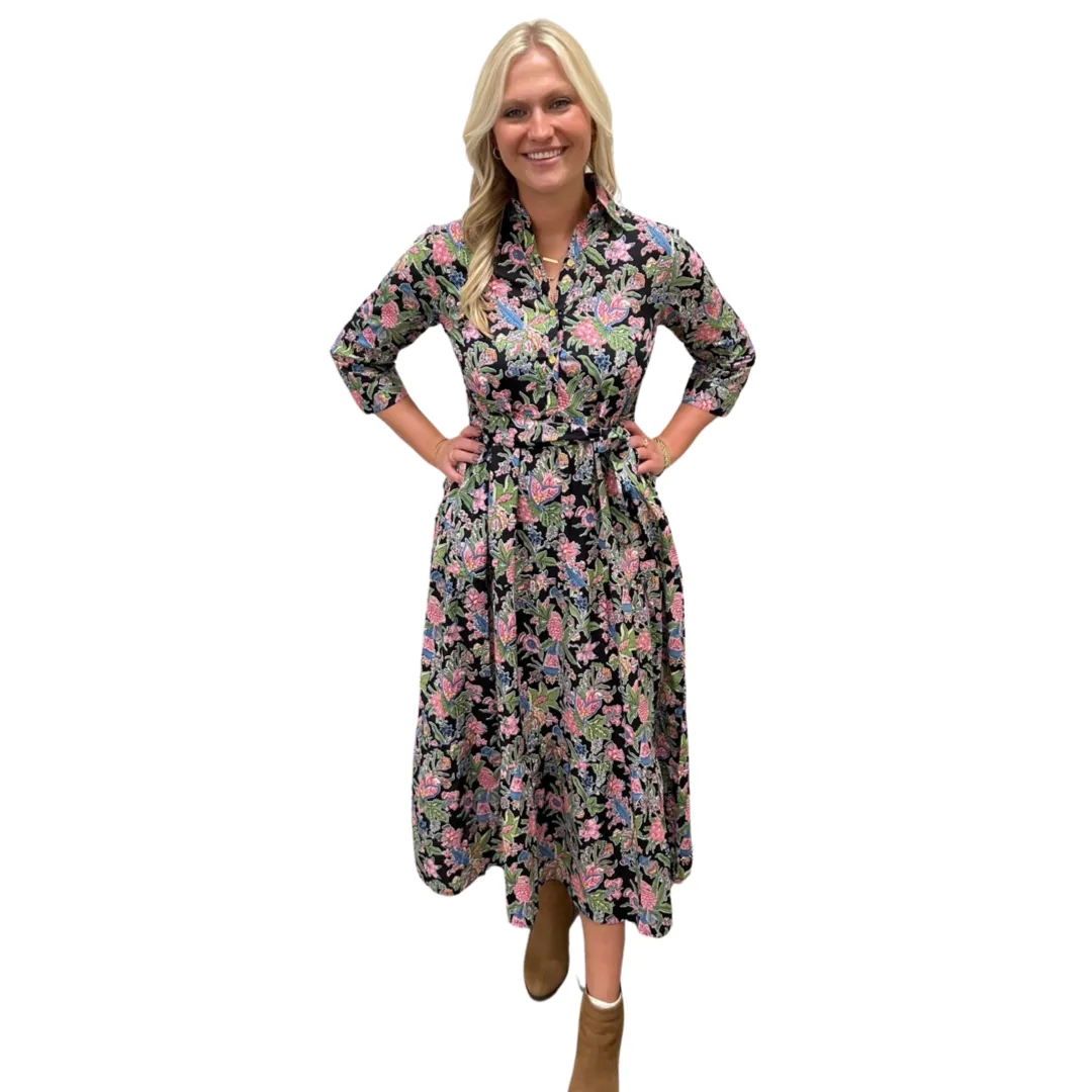 The Remington Cotton Block Print Dress in Black Floral