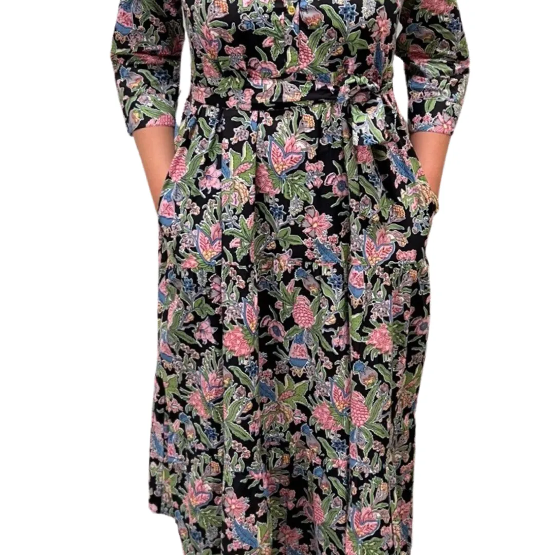 The Remington Cotton Block Print Dress in Black Floral