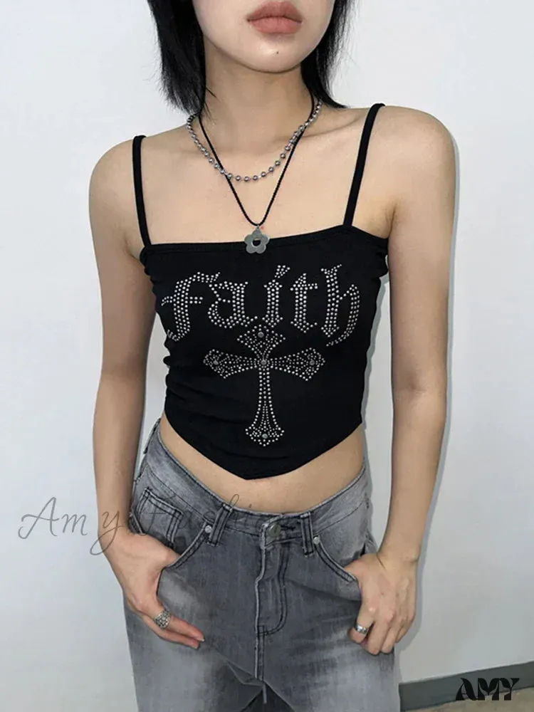 Top Crop Spaghetti Gothic Y2K Straps Hot Corset Cross Street Grunge Rhinestone Vintage