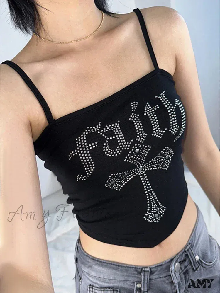 Top Crop Spaghetti Gothic Y2K Straps Hot Corset Cross Street Grunge Rhinestone Vintage