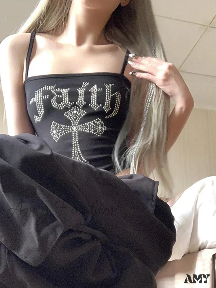 Top Crop Spaghetti Gothic Y2K Straps Hot Corset Cross Street Grunge Rhinestone Vintage