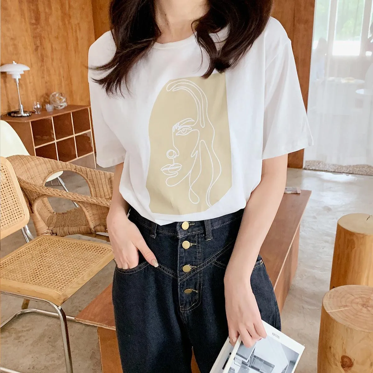 Toppies Abstract T-shirts Character Printing Women Tops Solid Color Summer white Cotton Tops Tees harajuku clothing