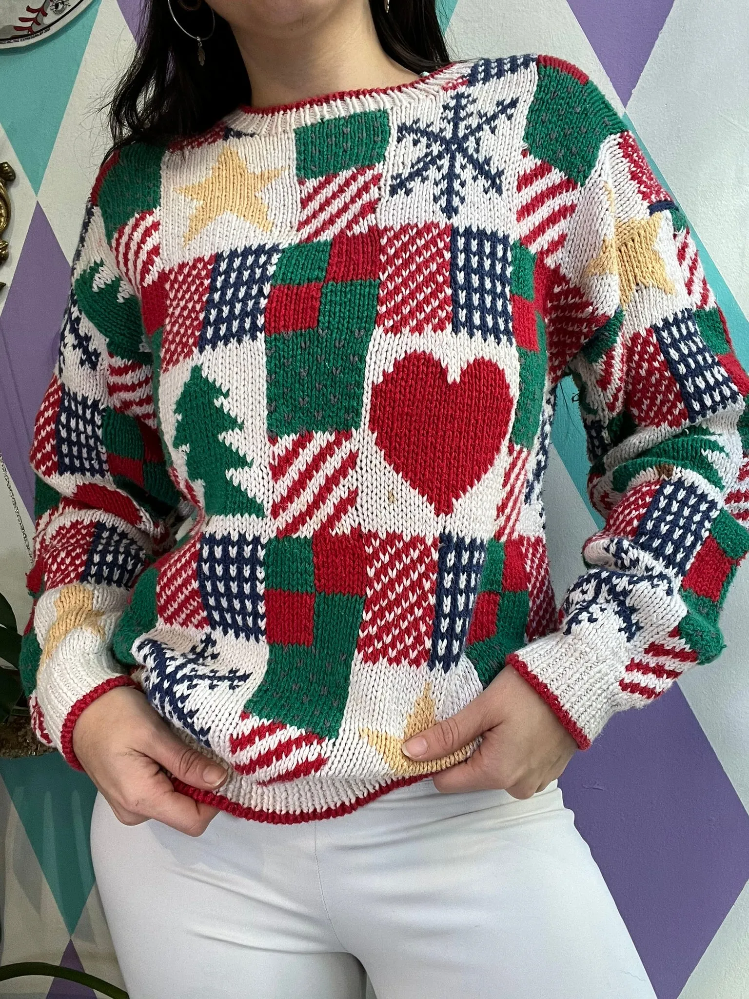 Vintage Christmas Patchwork Knit Sweater