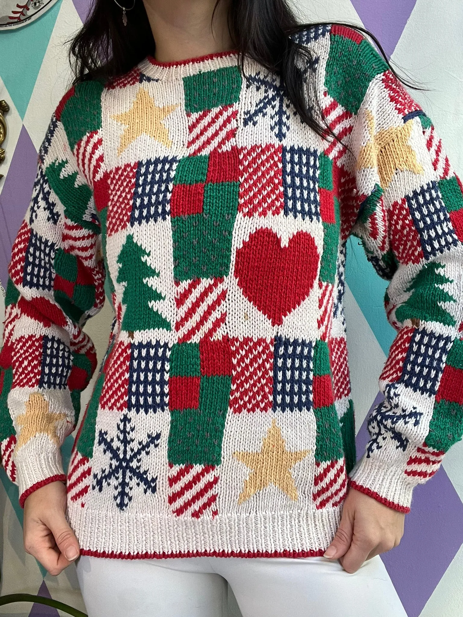 Vintage Christmas Patchwork Knit Sweater