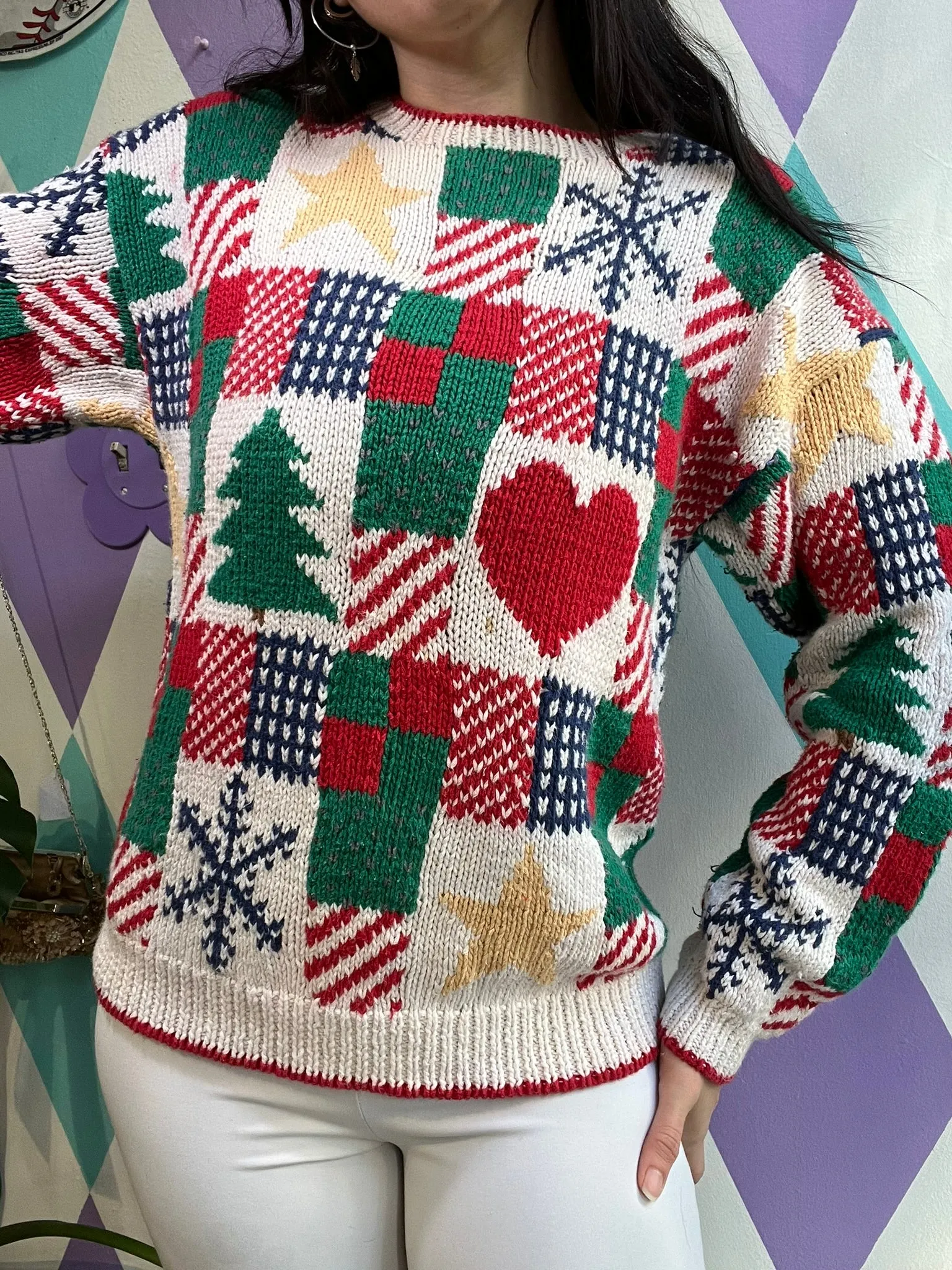 Vintage Christmas Patchwork Knit Sweater