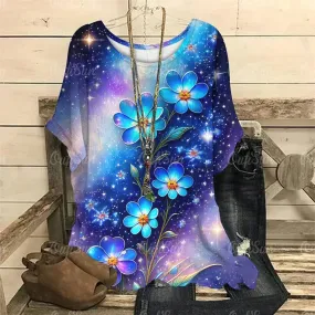 Vintage Round Collar Flower Print Pullover - Embrace Spring and Summer in Style with Loose-Fit Short Sleeves and Oversized Fashion Tee 5xl