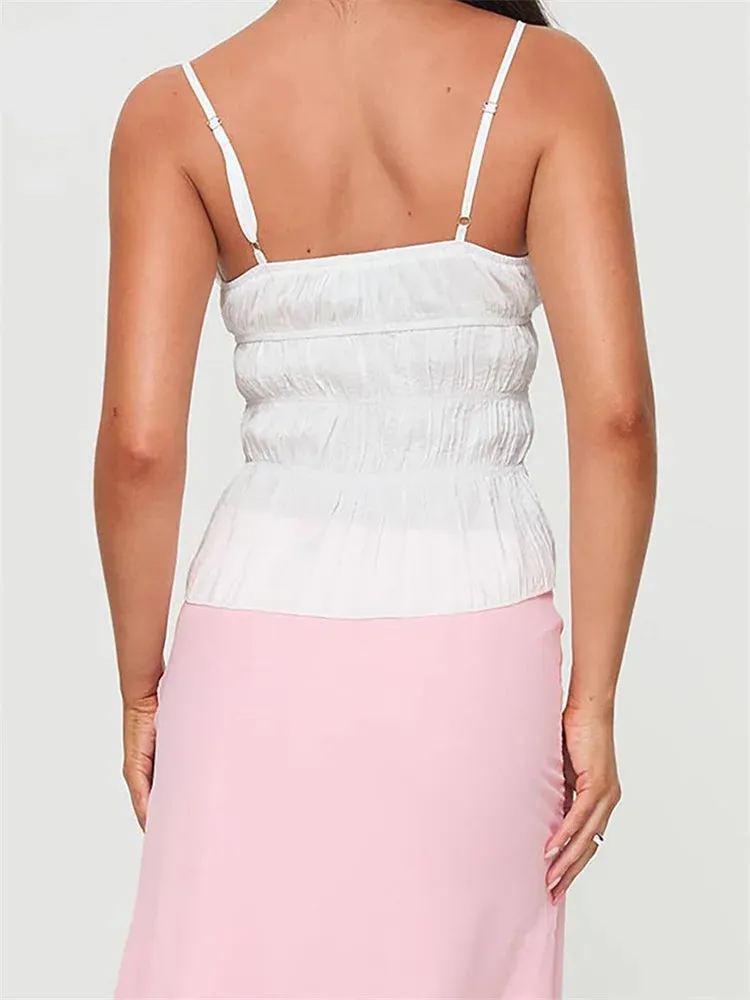 Vintage Ruched Sleeveless Spaghetti Strap Ruffles Solid Color Mini Vest Streetwear Fashion Cami Top