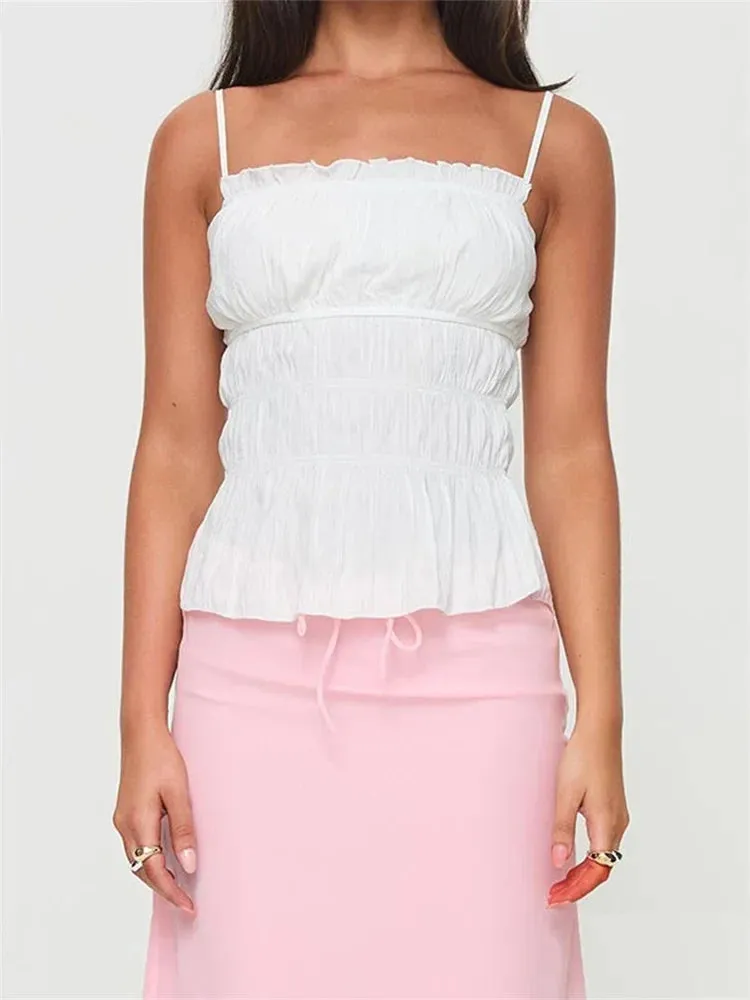 Vintage Ruched Sleeveless Spaghetti Strap Ruffles Solid Color Mini Vest Streetwear Fashion Cami Top