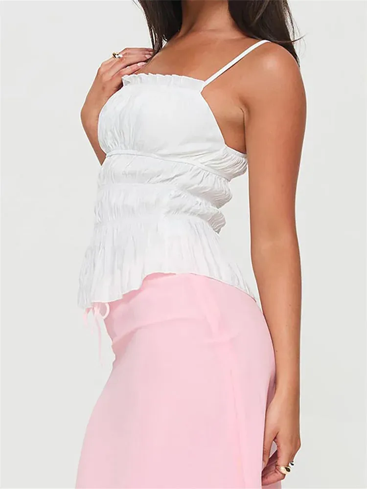Vintage Ruched Sleeveless Spaghetti Strap Ruffles Solid Color Mini Vest Streetwear Fashion Cami Top