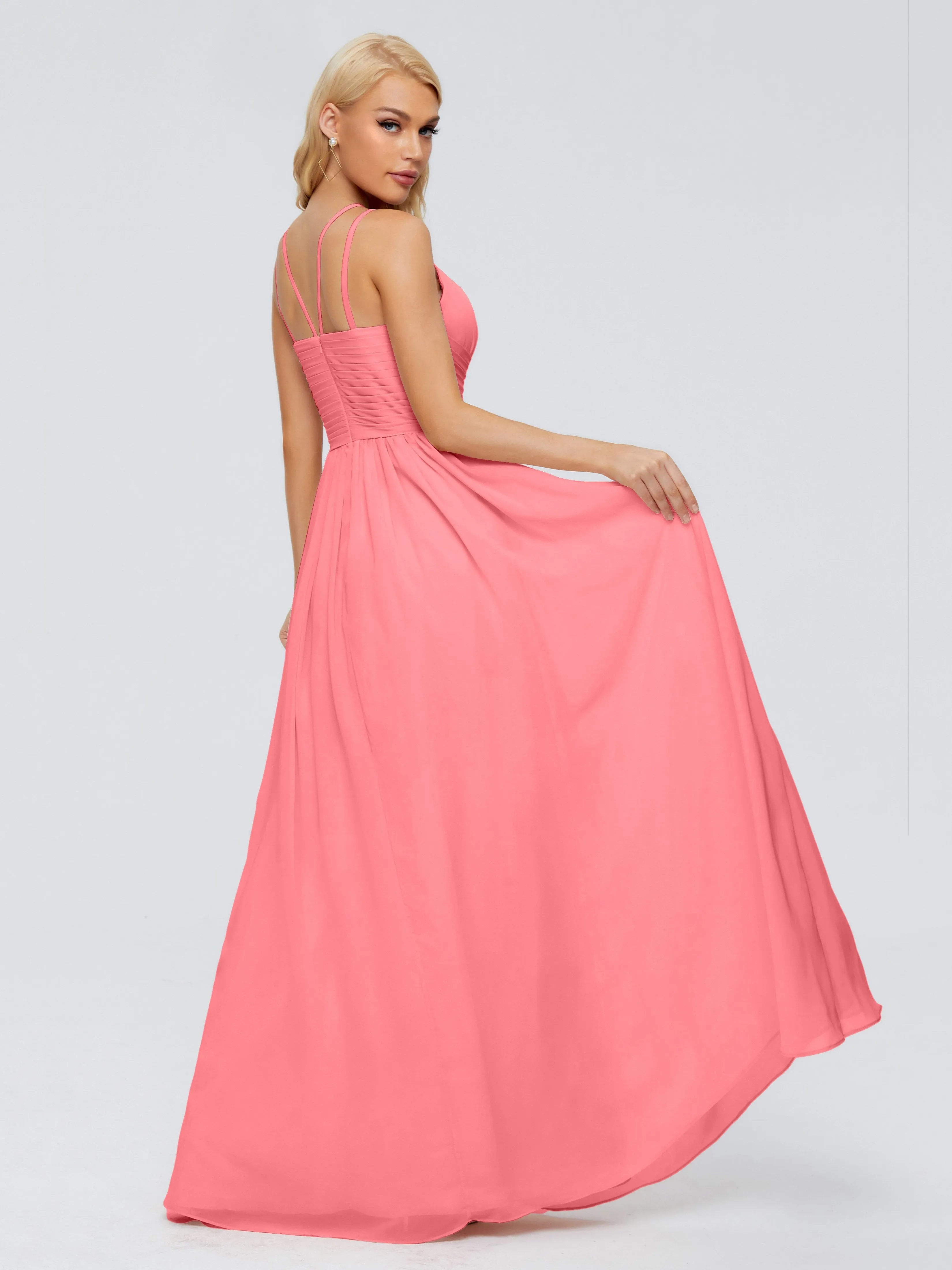 Watermelon Color Bridesmaid Dress Sara Modest Ruched Chiffon Bridesmaid Dresses Bridesmaid Hand Embellished Halter Maxi Dress