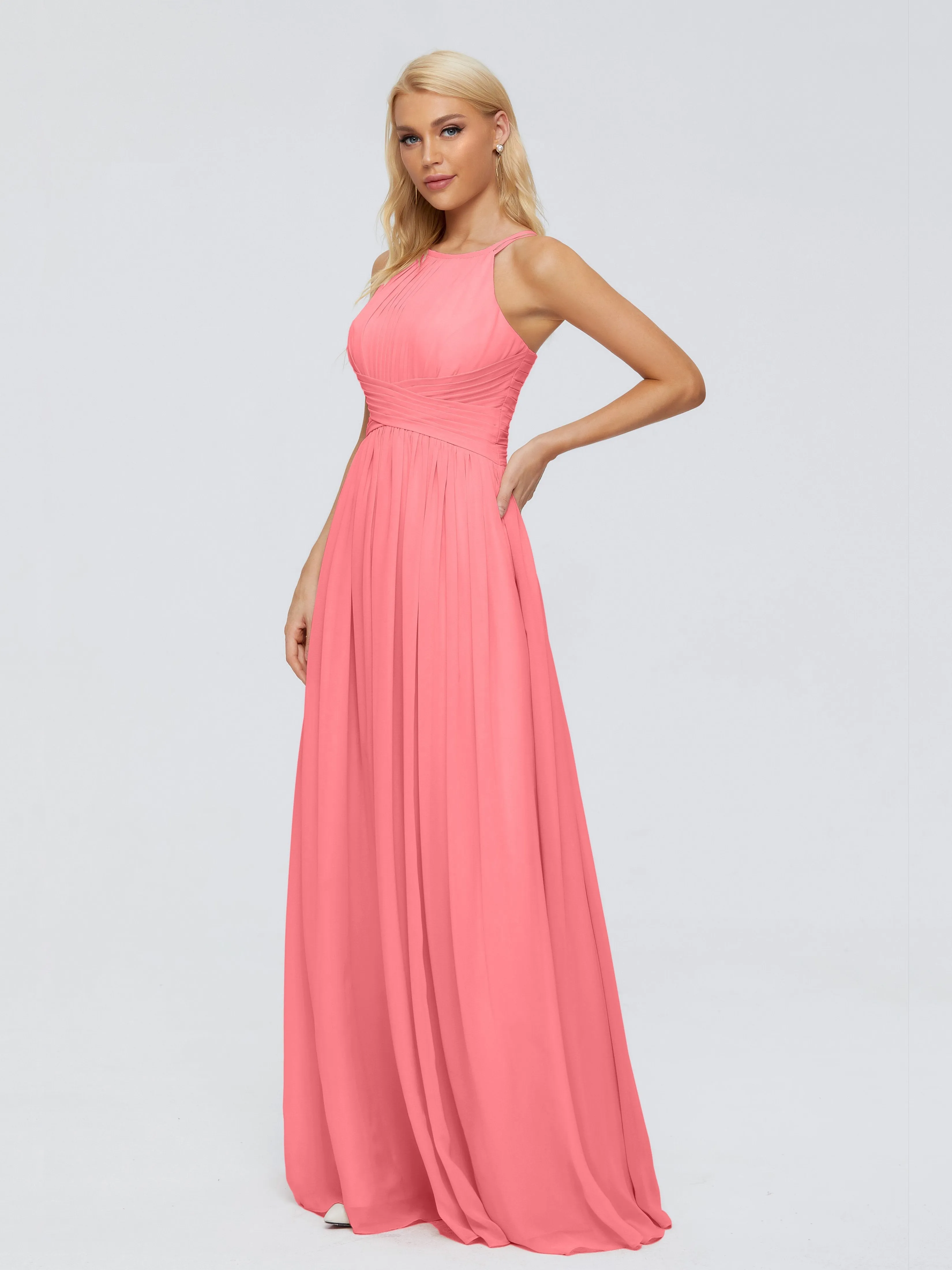 Watermelon Color Bridesmaid Dress Sara Modest Ruched Chiffon Bridesmaid Dresses Bridesmaid Hand Embellished Halter Maxi Dress