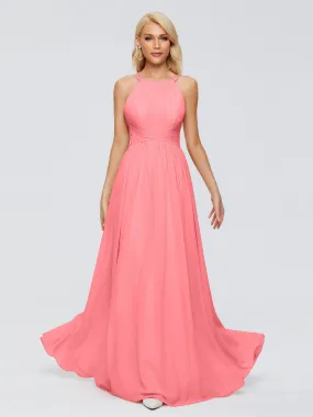 Watermelon Color Bridesmaid Dress Sara Modest Ruched Chiffon Bridesmaid Dresses Bridesmaid Hand Embellished Halter Maxi Dress