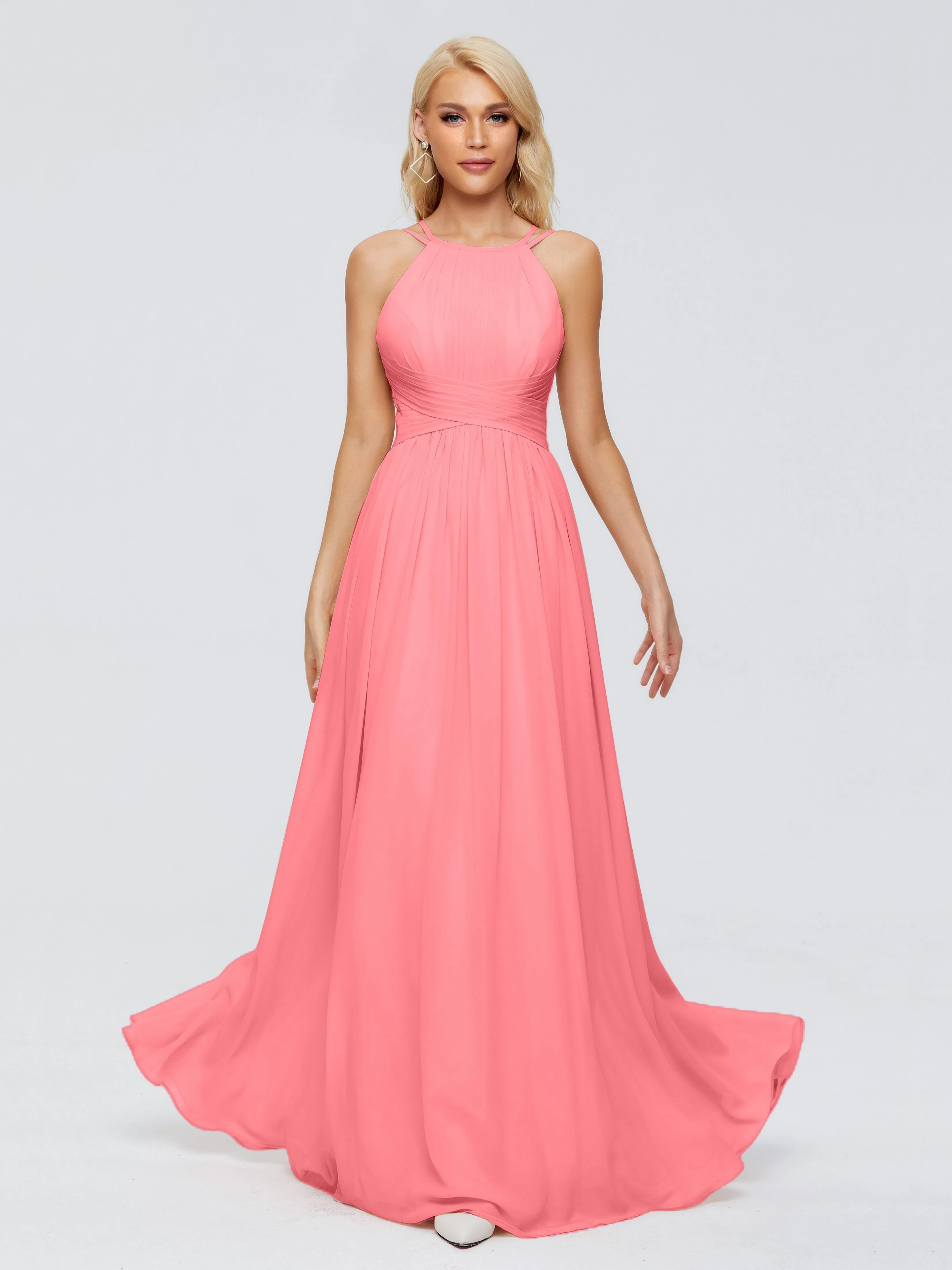 Watermelon Color Bridesmaid Dress Sara Modest Ruched Chiffon Bridesmaid Dresses Bridesmaid Hand Embellished Halter Maxi Dress