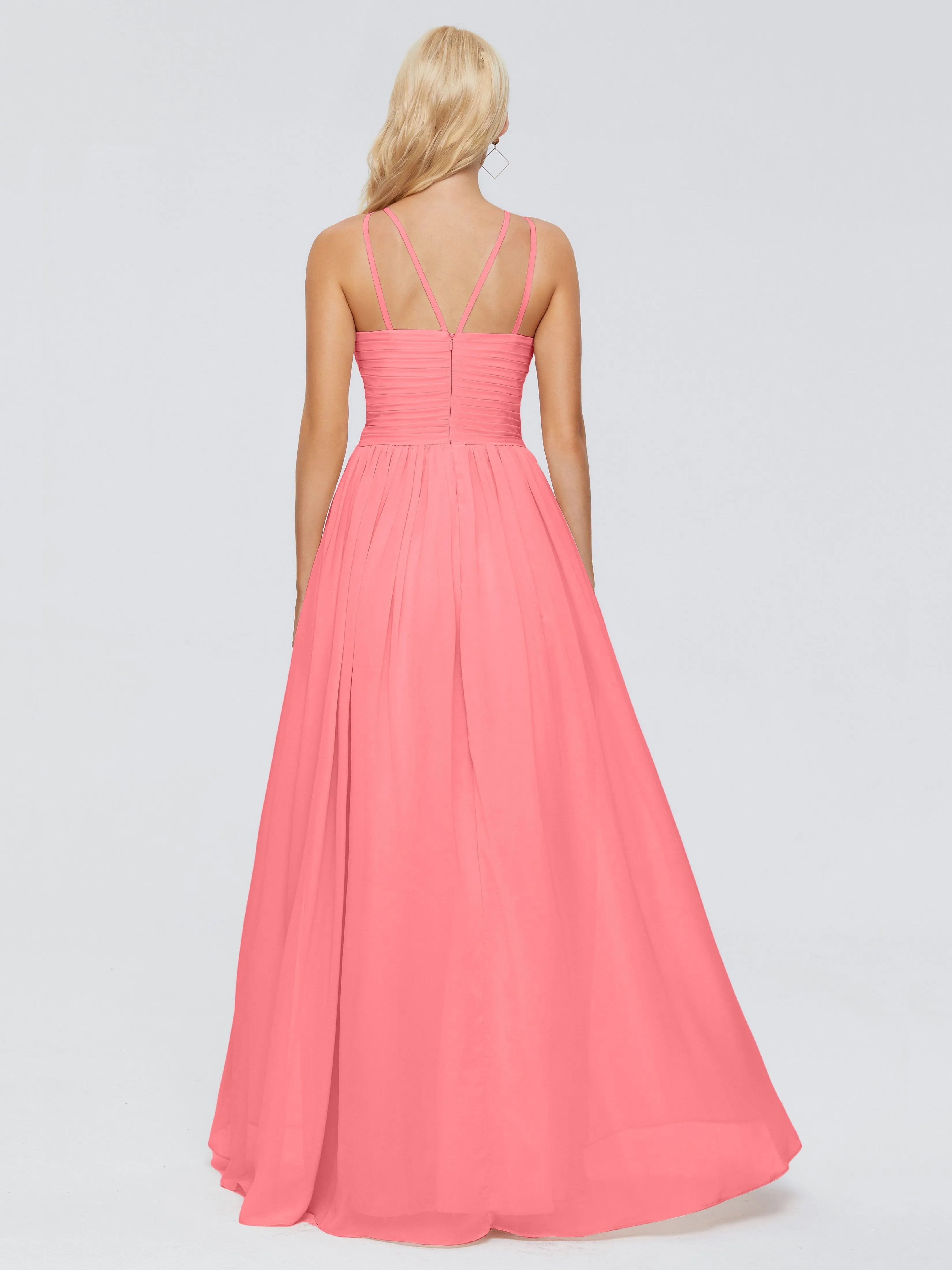Watermelon Color Bridesmaid Dress Sara Modest Ruched Chiffon Bridesmaid Dresses Bridesmaid Hand Embellished Halter Maxi Dress
