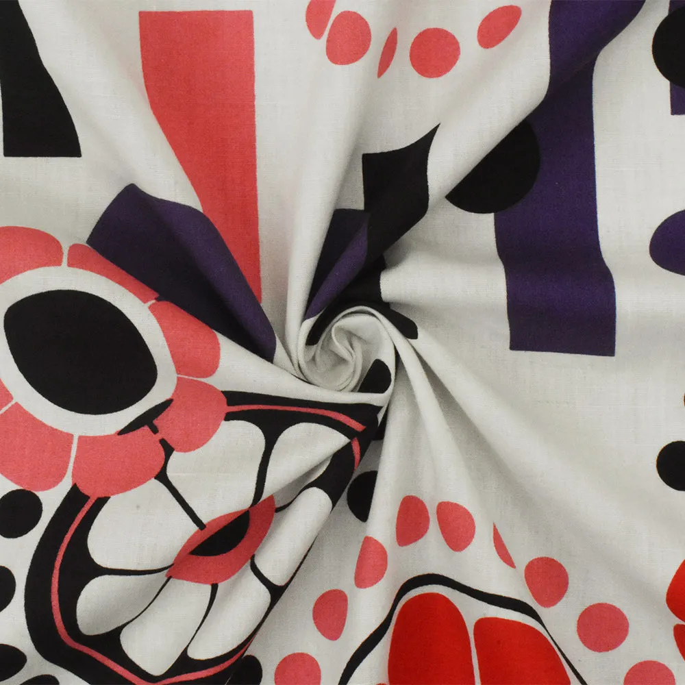 White-Purple-Multi Geometry Floral Printed Cotton Poplin Woven Fabric