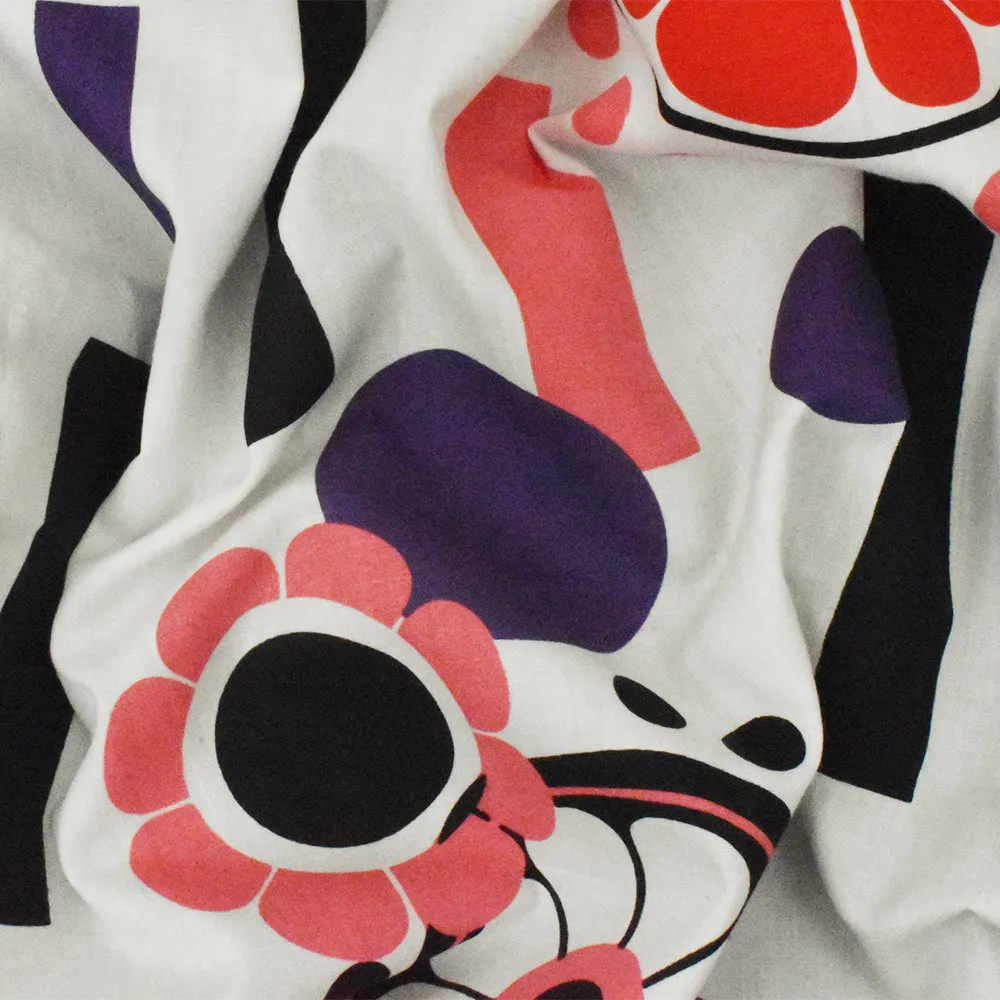 White-Purple-Multi Geometry Floral Printed Cotton Poplin Woven Fabric