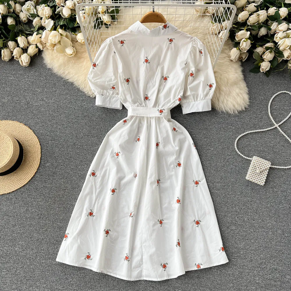 Women Floral Embroidery Belted Dress