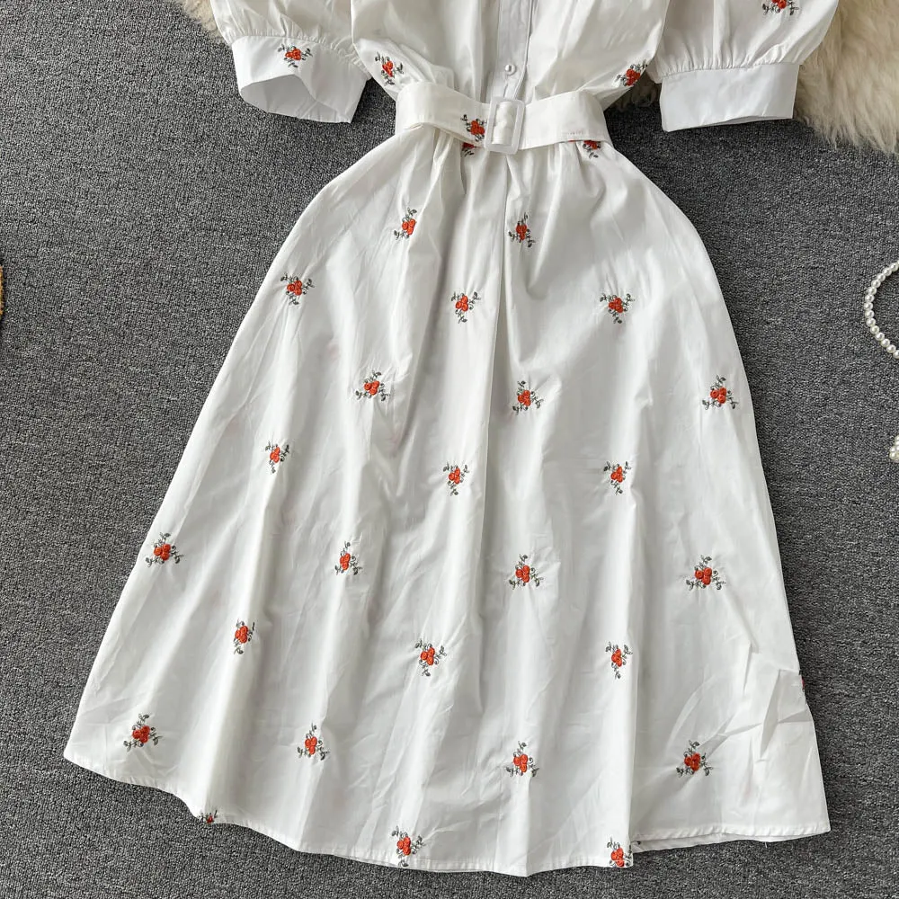 Women Floral Embroidery Belted Dress