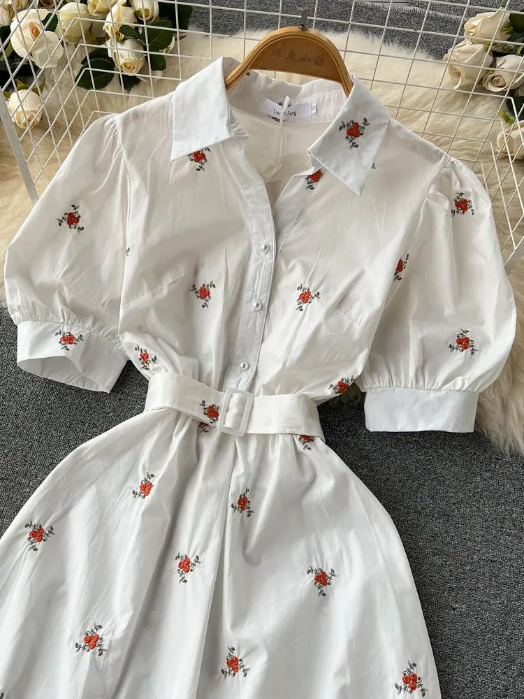 Women Floral Embroidery Belted Dress