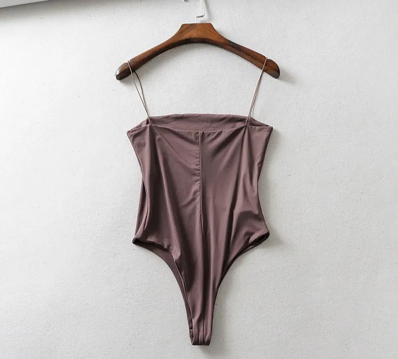 Women slim solid Spaghetti strap Bodycon Bodysuit