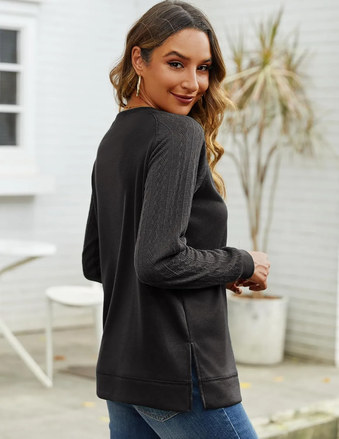 Zeagoo Womens Sweatshirts Lightweight Cable Knit Sleeve Sweaters